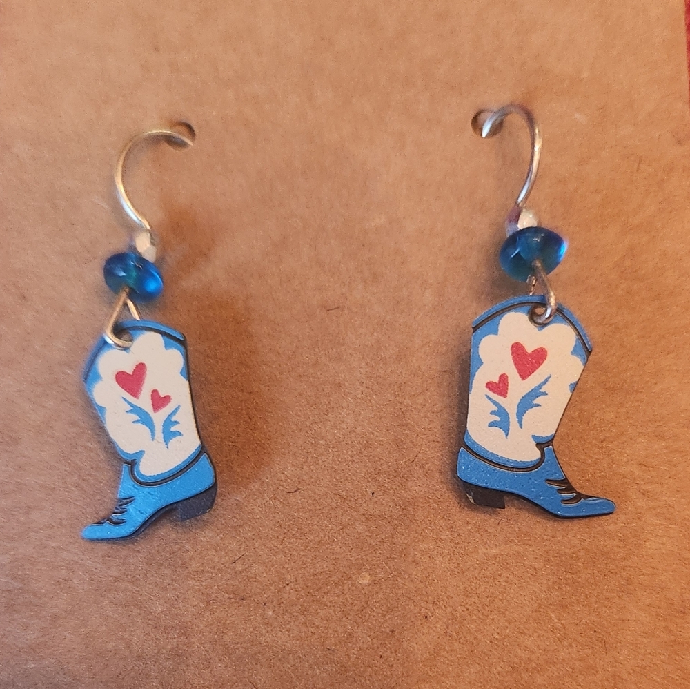 Blue Cowboy Boot Earrings with Heart Design